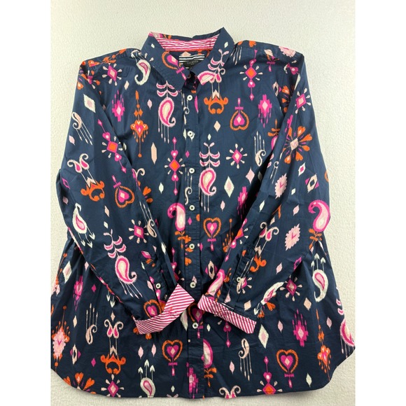 Talbots Tops - Talbots Petite XLP Navy Blue Ikat Paisley Cotton Button Up Shirt Long Sleeve